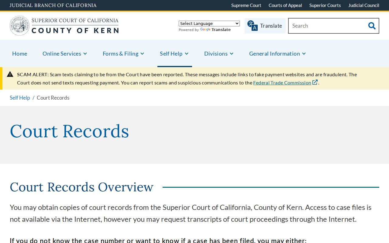 Bakersfield public records court access page for Kern Superior Court