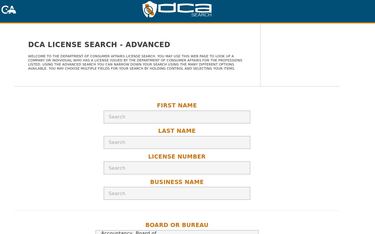 Bakersfield people search California DCA license search